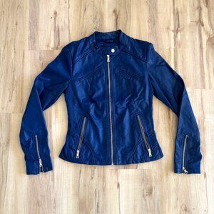 Guess Blue Faux Leather Zip Up Jacket, Size Small